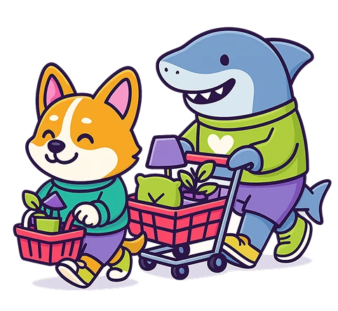 Shopping characters - Fox and Shark with shopping carts