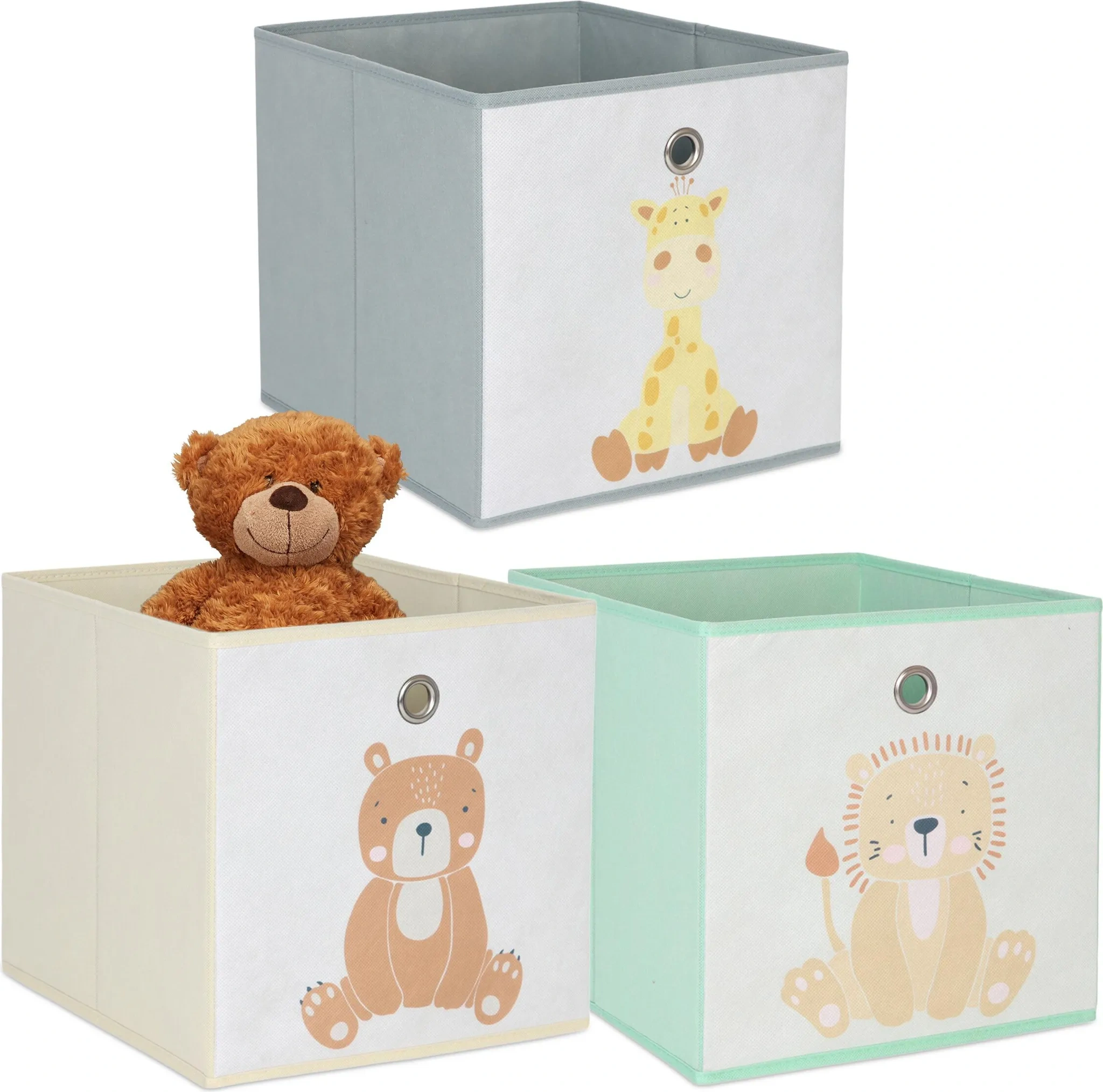 Relaxdays Kinder Aufbewahrungsboxen im 3er Set – Faltbare Spielzeugkisten mit Tiermotiven