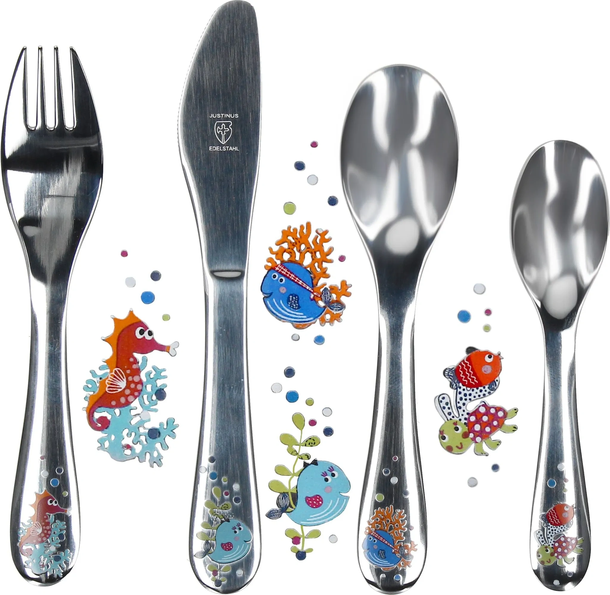 Justinus Kinder-Besteck-Set 4-teilig „Meerestiere“ – Edelstahl mit bunten Motiven