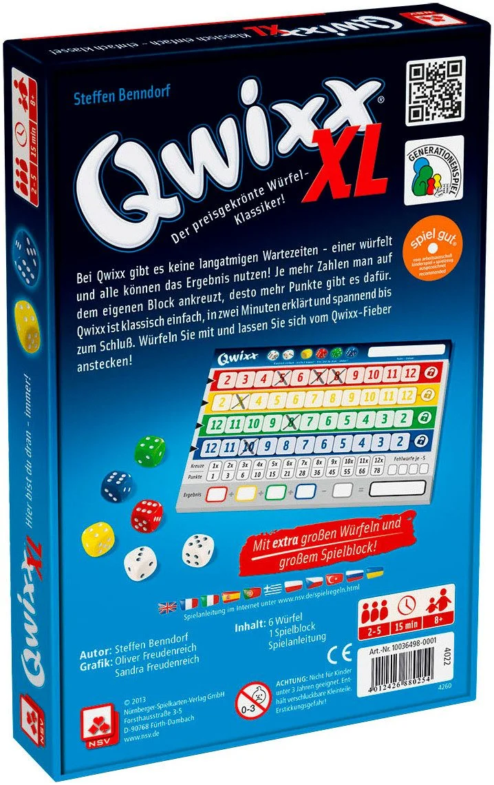 CARTAMUNDI • Senioren Qwixx XL • Würfelspiel mit extra großen Würfeln
