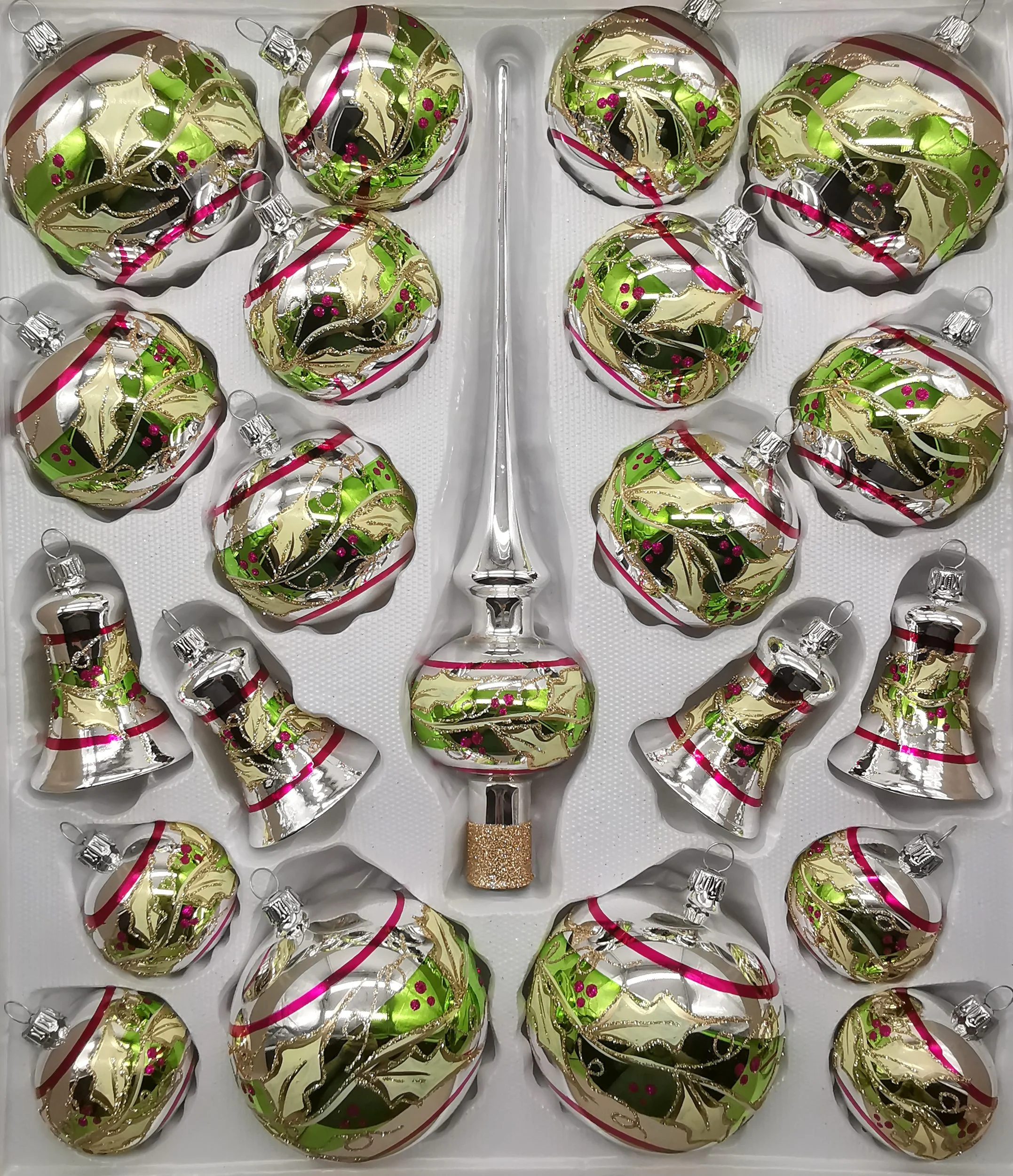 SCHATZHAUSER Christbaumschmuck-Set – 21-teilig • Silber mit Ilexband • Mundgeblasen & handbemalt